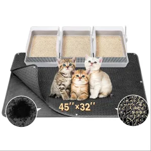 BurgeonNest 45"x32" Extra Large Cat Litter Mat, Honeycomb Double Layer Kitty Litter Trapping Mat, Urine Proof & Waterproof, Easy Clean, Machine Washable, Non-Slip, Scatter Control, Black