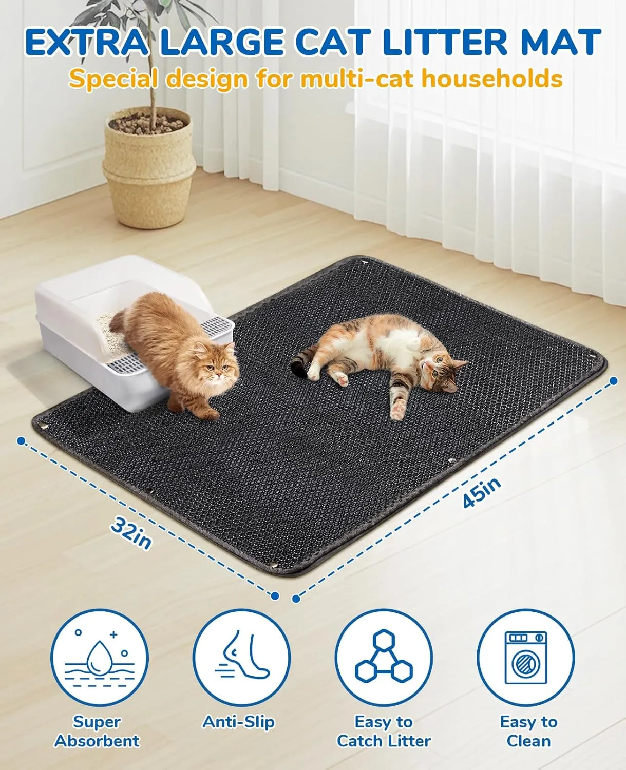 BurgeonNest 45"x32" Extra Large Cat Litter Mat, Honeycomb Double Layer Kitty Litter Trapping Mat, Urine Proof & Waterproof, Easy Clean, Machine Washable, Non-Slip, Scatter Control, Black