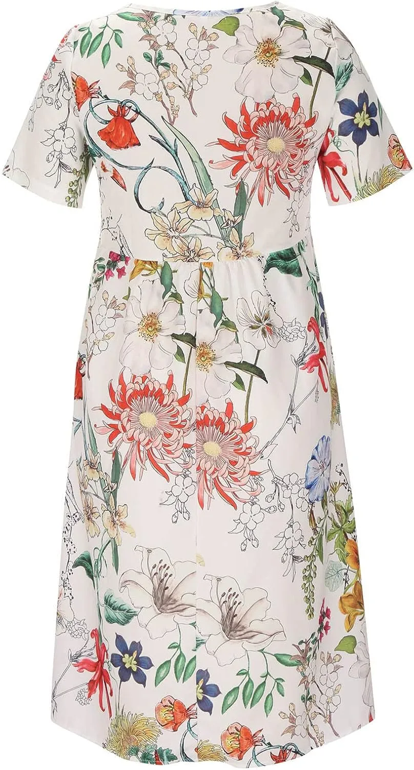 Business Dress for Women Empire Waist Ruched Front Pocket Short Sleeve Maxi Dresses Boho Floral Flowy Summer Dress