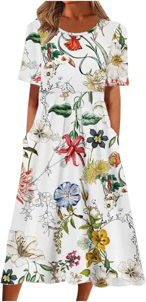 Business Dress for Women Empire Waist Ruched Front Pocket Short Sleeve Maxi Dresses Boho Floral Flowy Summer Dress