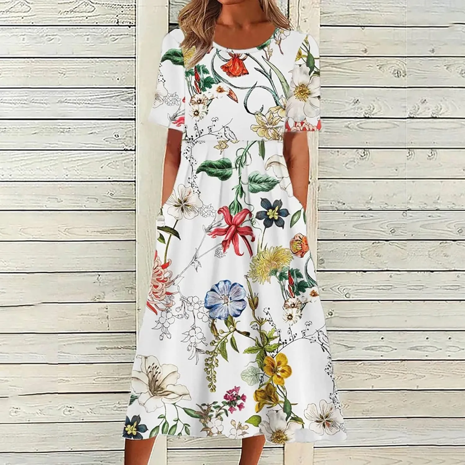Business Dress for Women Empire Waist Ruched Front Pocket Short Sleeve Maxi Dresses Boho Floral Flowy Summer Dress