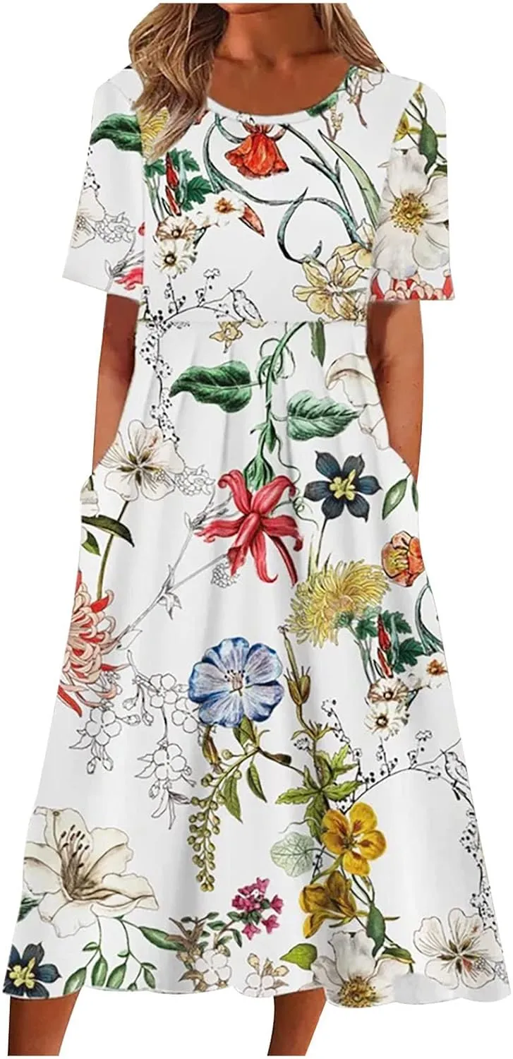 Business Dress for Women Empire Waist Ruched Front Pocket Short Sleeve Maxi Dresses Boho Floral Flowy Summer Dress