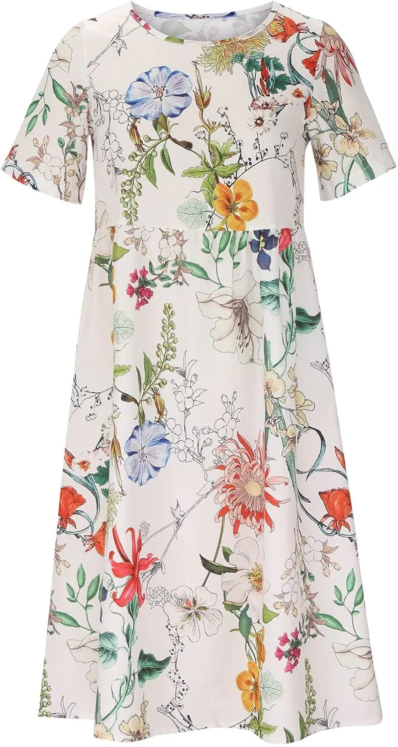 Business Dress for Women Empire Waist Ruched Front Pocket Short Sleeve Maxi Dresses Boho Floral Flowy Summer Dress