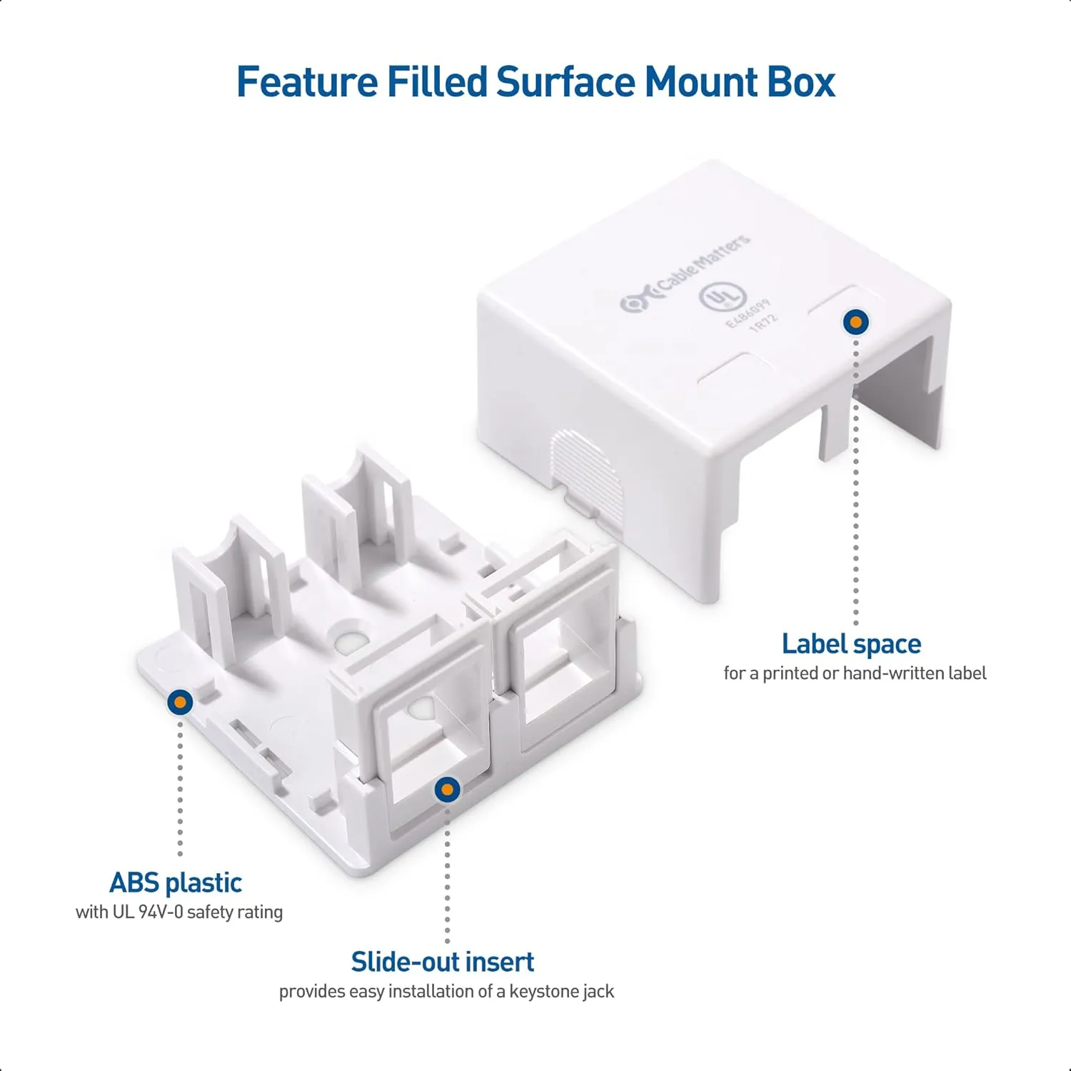 Cable Matters UL Listed 10-Pack 2-Port Keystone Jack Surface Mount Box in White