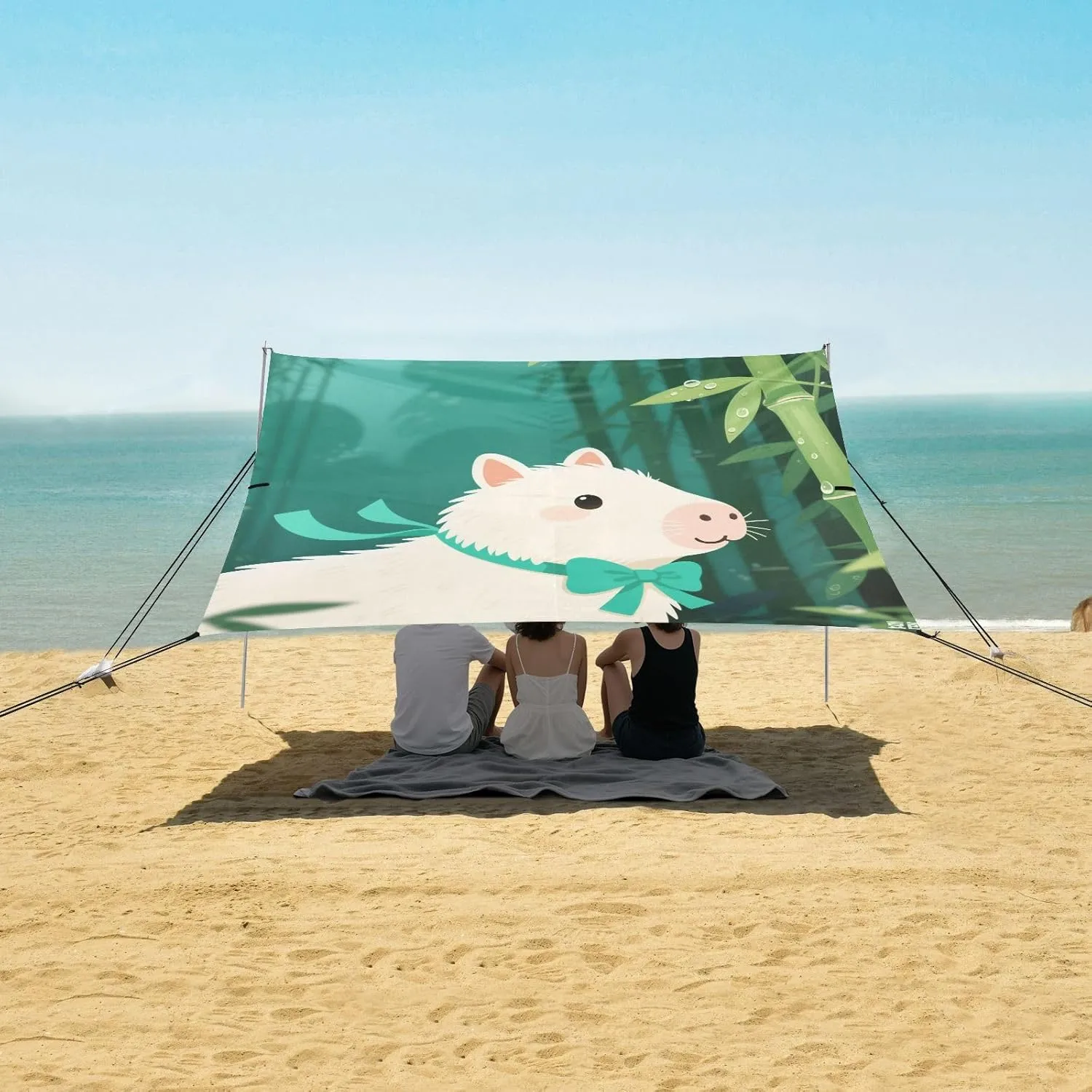 Capybara Chinese Bamboo Beach Camping Tent Sun Shelter for Whole Family, Beach Shade Canopy with UPF50  UV Protection,Easy Set Up and Carry,Outdoor Shade for Trips, Fishing, Backyard Fun Picnic