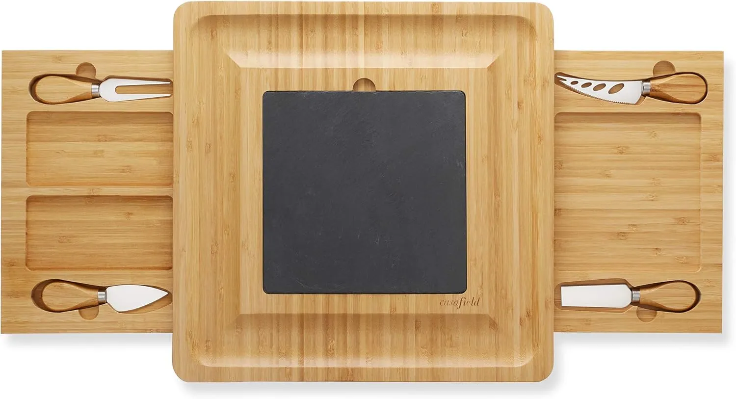 Casafield Charcuterie Board Gift Set, Bamboo Cheese Board with Slate Cheese Plate and Knives, Wooden Serving Platter for Housewarming, Wedding, Birthday