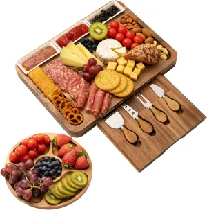 Cheese Board and Knife Set Large Acacia Wooden Charcuterie Board Set, Perfect Wood Serving Plate for Meats, Cheese, Crackers and Wine for Men and Women Thanksgiving Birthday Wedding Gifts