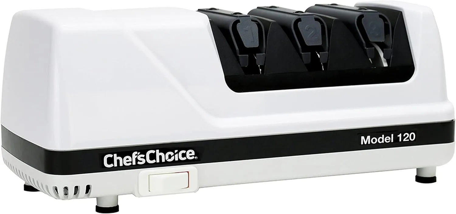 Chef’sChoice Professional Electric Knife Sharpeners With 100-Percent Diamond Abrasives And Precision Angle Guides For 20-Degree Straight-Edge and Serrated Knives, 3-Stage, White