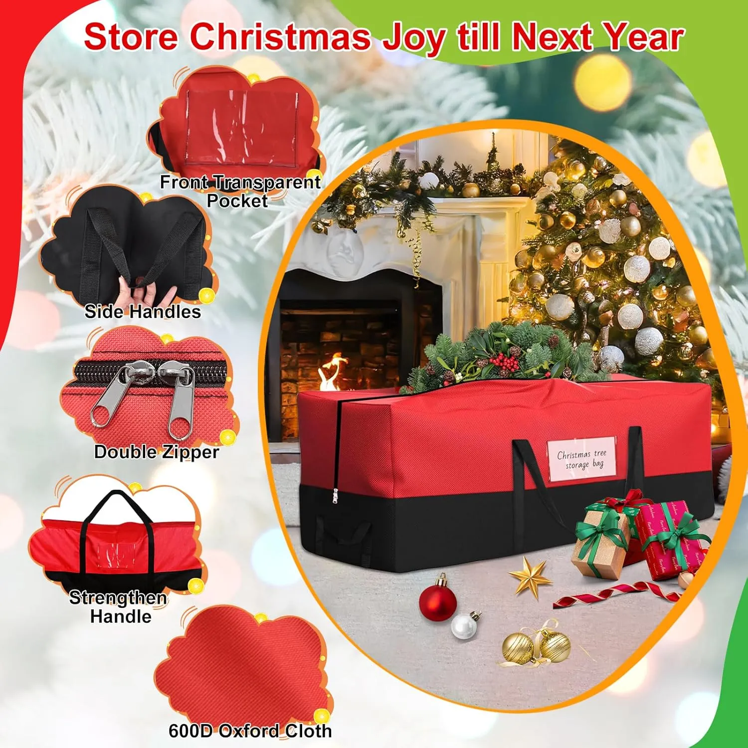 Christmas Tree Storage Bag, Fits Up 8 Ft Tall Artificial Trees, Heavy-Duty 600D Oxford Tree Bag with Reinforced Handles Zipper Clear Pocket, Storage Bags for Moving Items, Clothing, Outdoor, Bedding
