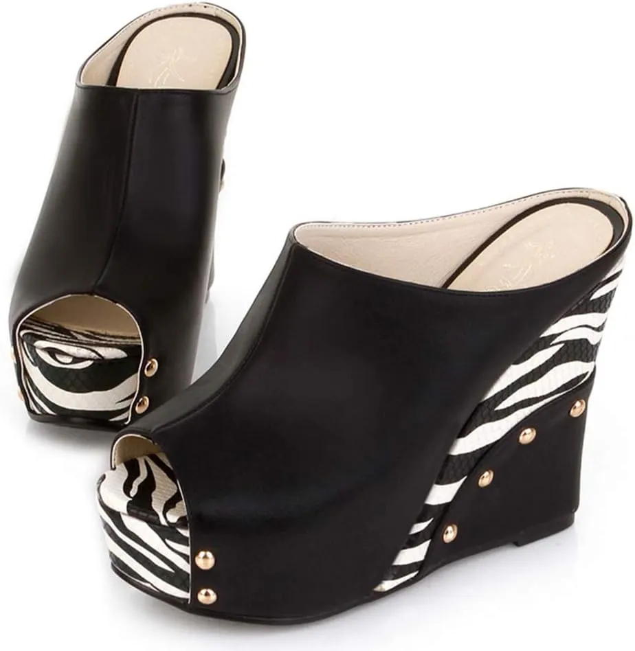 Ciuyurra Women Fashion Mules Sandals Peep Toe Wedge High Heels