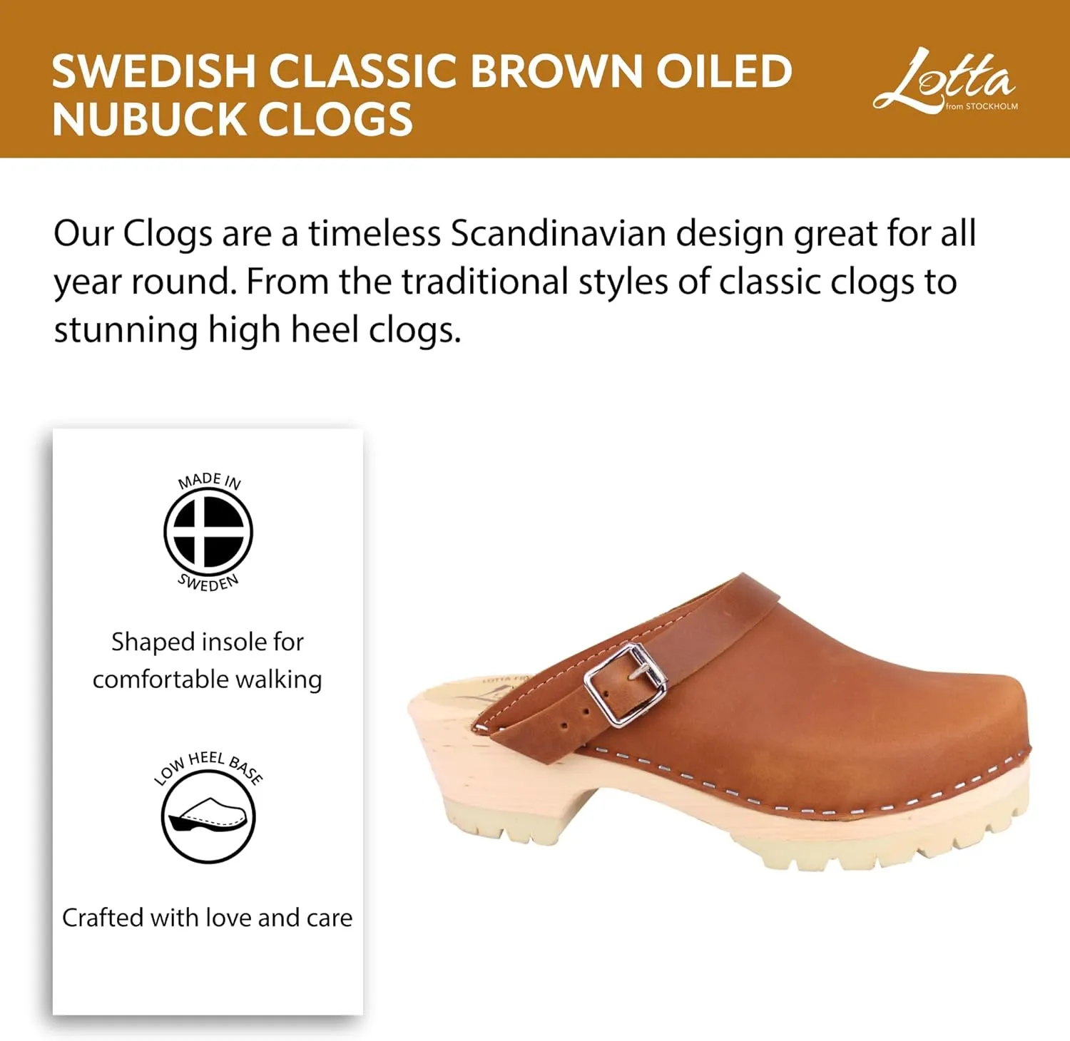 Classic Swedish Clogs - Brown Oiled Nubuck Leather Clogs for Women with Tractor Sole and Buckle | Wooden 1 inch Platform Heel
