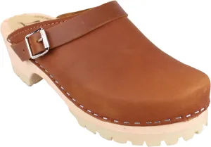 Classic Swedish Clogs - Brown Oiled Nubuck Leather Clogs for Women with Tractor Sole and Buckle | Wooden 1 inch Platform Heel