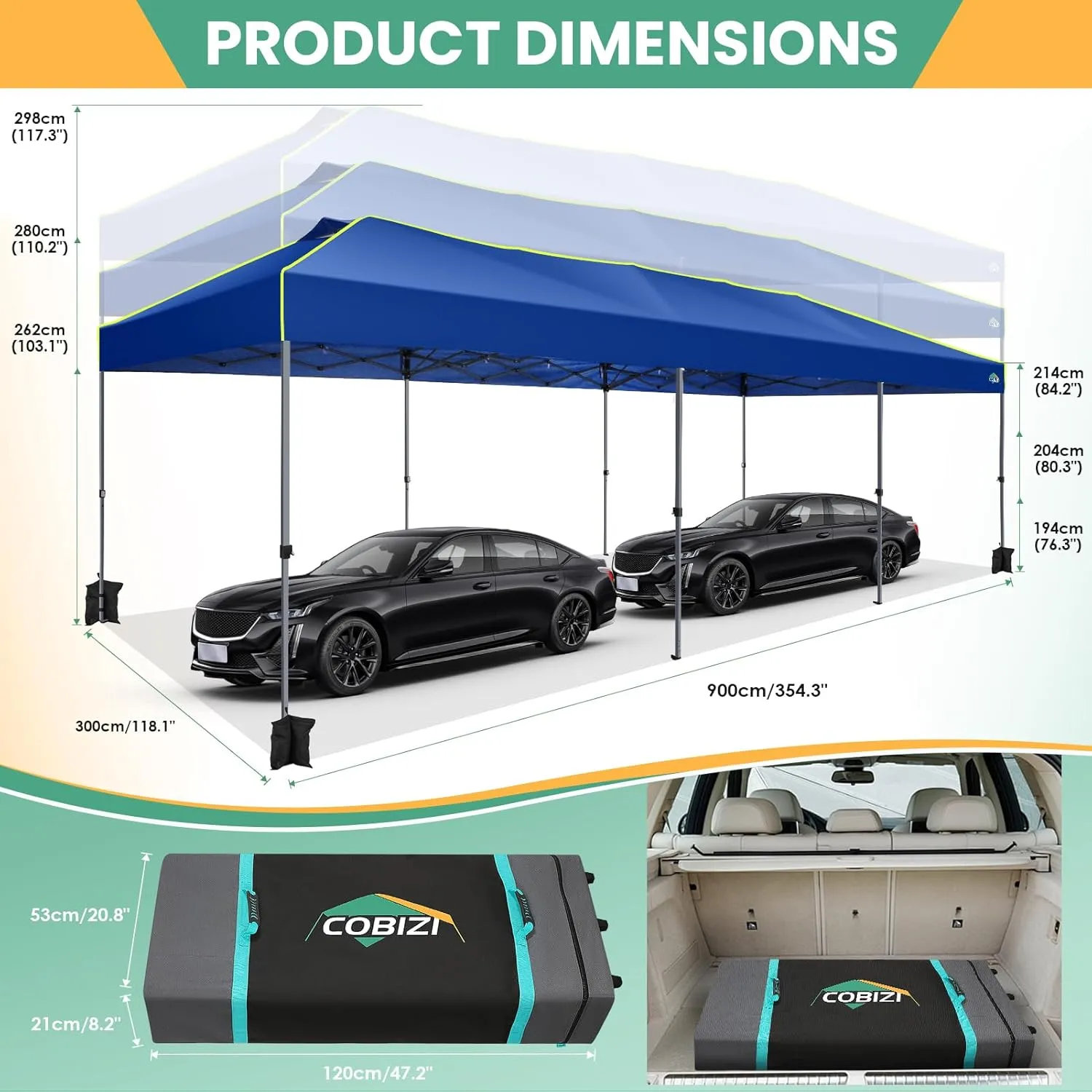 COBIZI 10x30 Pop Up Canopy Tent, Wedding Party Tent with 8 Sidewall One Push Setup Glow, 3 Adjustable Height Air Vent Waterproof UPF50 , Wheeled Bag, Sandbag, Stake, Rope for Commercial, Outdoor
