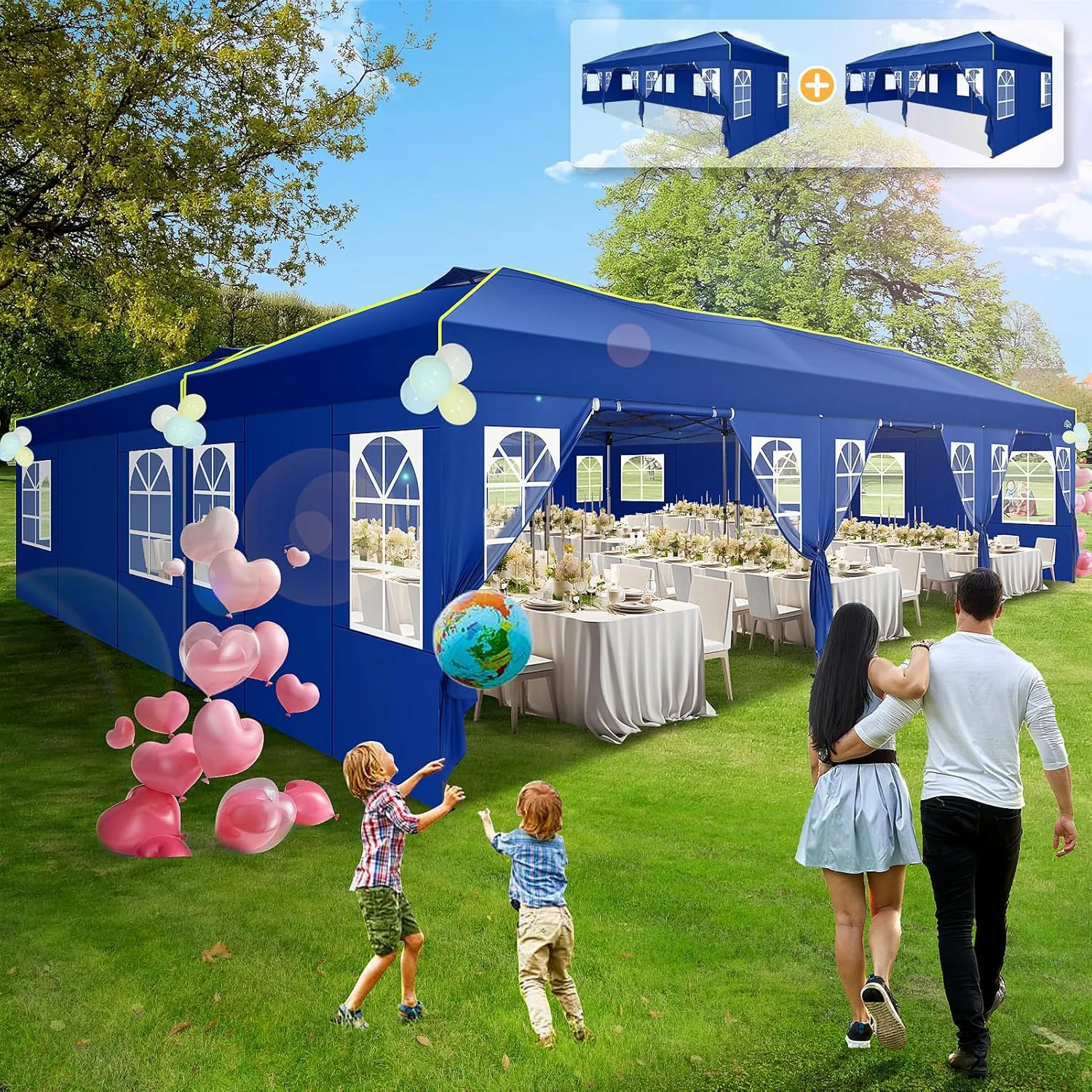 COBIZI 10x30 Pop Up Canopy Tent, Wedding Party Tent with 8 Sidewall One Push Setup Glow, 3 Adjustable Height Air Vent Waterproof UPF50 , Wheeled Bag, Sandbag, Stake, Rope for Commercial, Outdoor