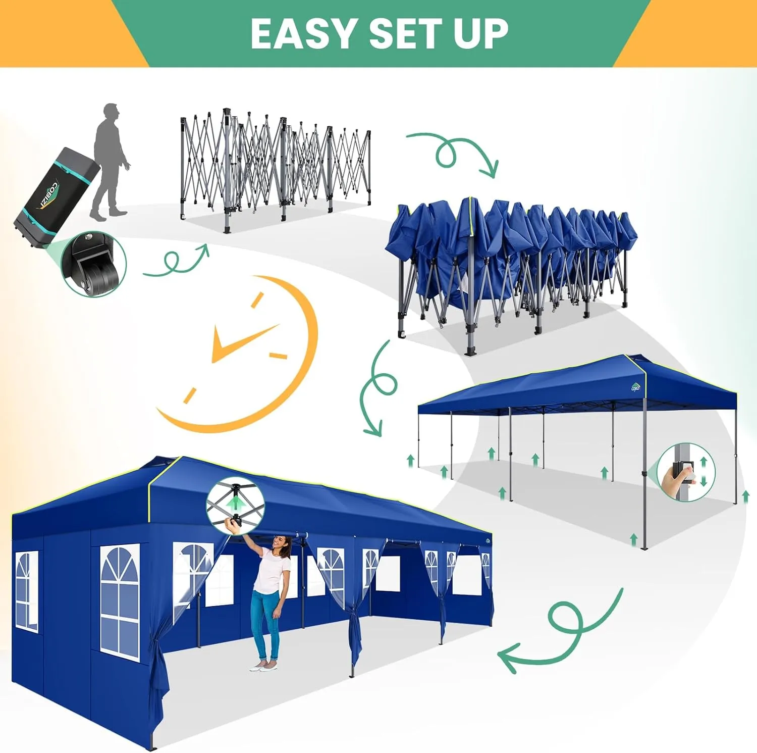 COBIZI 10x30 Pop Up Canopy Tent, Wedding Party Tent with 8 Sidewall One Push Setup Glow, 3 Adjustable Height Air Vent Waterproof UPF50 , Wheeled Bag, Sandbag, Stake, Rope for Commercial, Outdoor