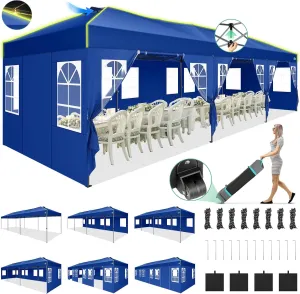 COBIZI 10x30 Pop Up Canopy Tent, Wedding Party Tent with 8 Sidewall One Push Setup Glow, 3 Adjustable Height Air Vent Waterproof UPF50 , Wheeled Bag, Sandbag, Stake, Rope for Commercial, Outdoor