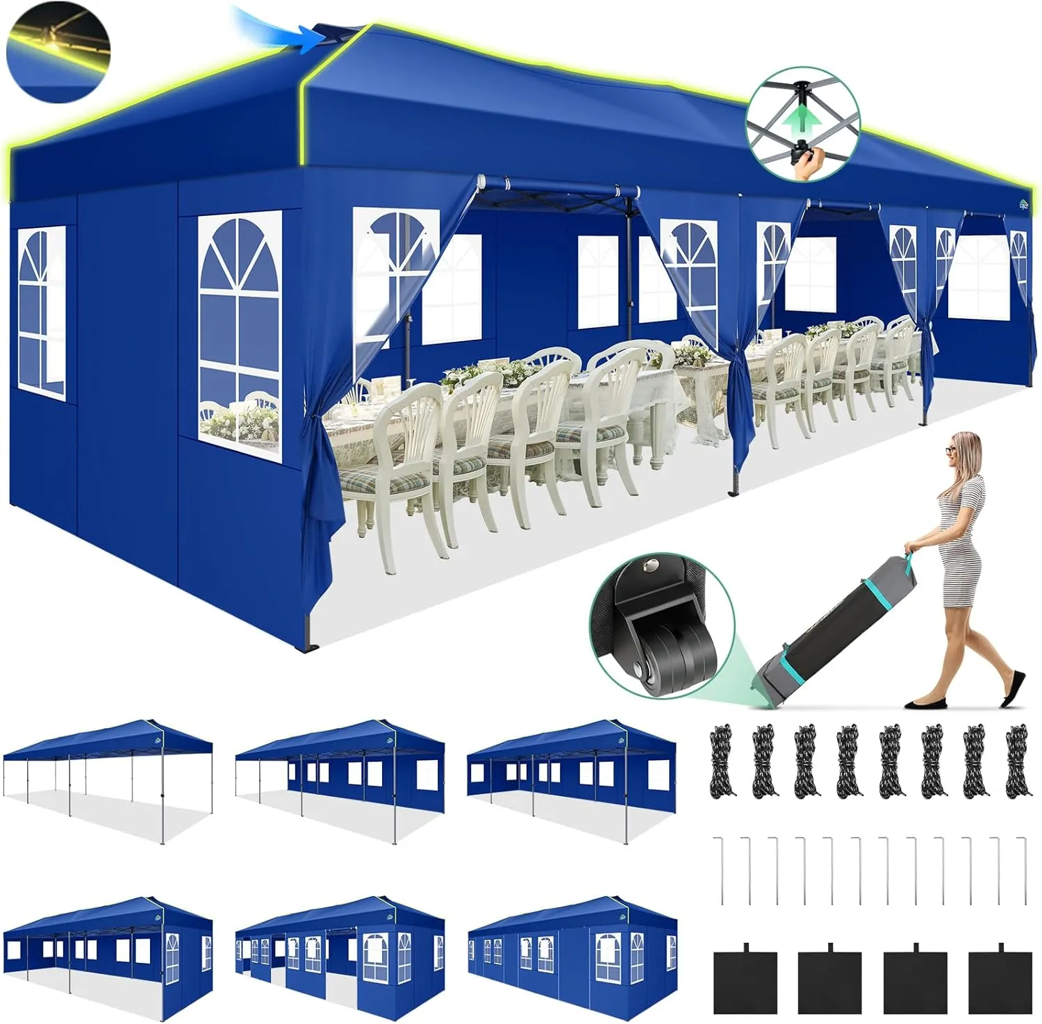 COBIZI 10x30 Pop Up Canopy Tent, Wedding Party Tent with 8 Sidewall One Push Setup Glow, 3 Adjustable Height Air Vent Waterproof UPF50 , Wheeled Bag, Sandbag, Stake, Rope for Commercial, Outdoor