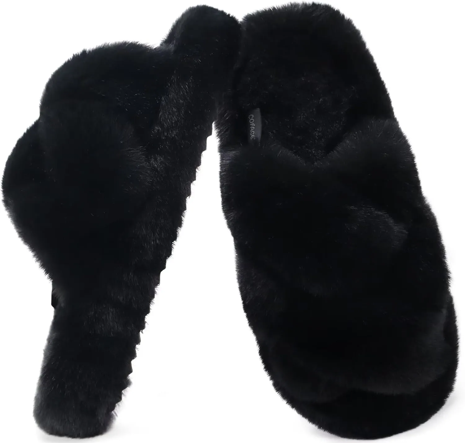 COFACE Women's Fluff Slippers Open Toe Fuzzy Faux Fur Ladies House Fashion Platform Slide Shoes with Comfort Arch Support, Indoor Outdoor Sole