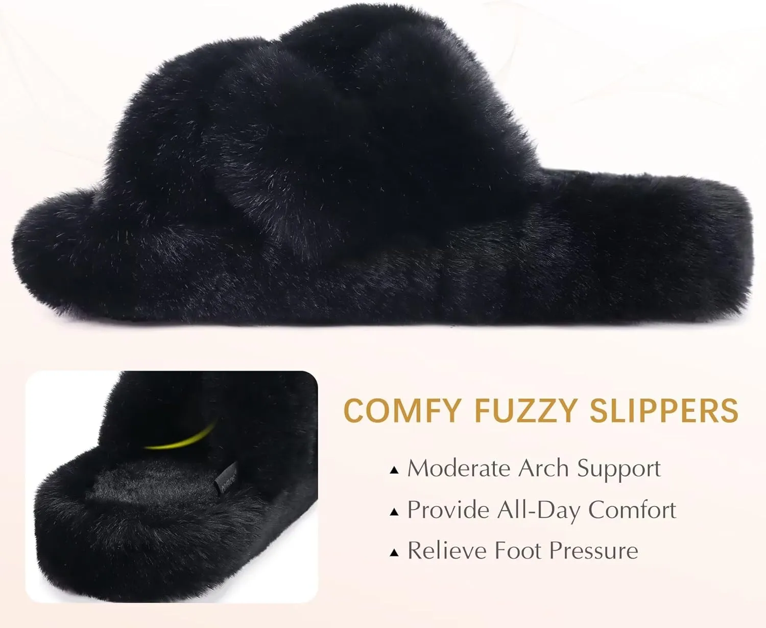 COFACE Women's Fluff Slippers Open Toe Fuzzy Faux Fur Ladies House Fashion Platform Slide Shoes with Comfort Arch Support, Indoor Outdoor Sole