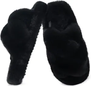 COFACE Women's Fluff Slippers Open Toe Fuzzy Faux Fur Ladies House Fashion Platform Slide Shoes with Comfort Arch Support, Indoor Outdoor Sole