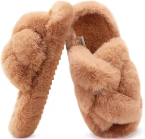 COFACE Women's Fluff Slippers Open Toe Fuzzy Faux Fur Ladies House Fashion Platform Slide Shoes with Comfort Arch Support, Indoor Outdoor Sole