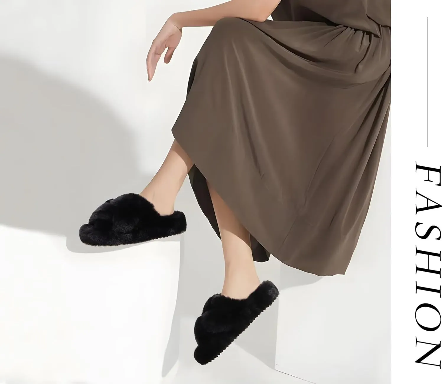 COFACE Women's Fluff Slippers Open Toe Fuzzy Faux Fur Ladies House Fashion Platform Slide Shoes with Comfort Arch Support, Indoor Outdoor Sole