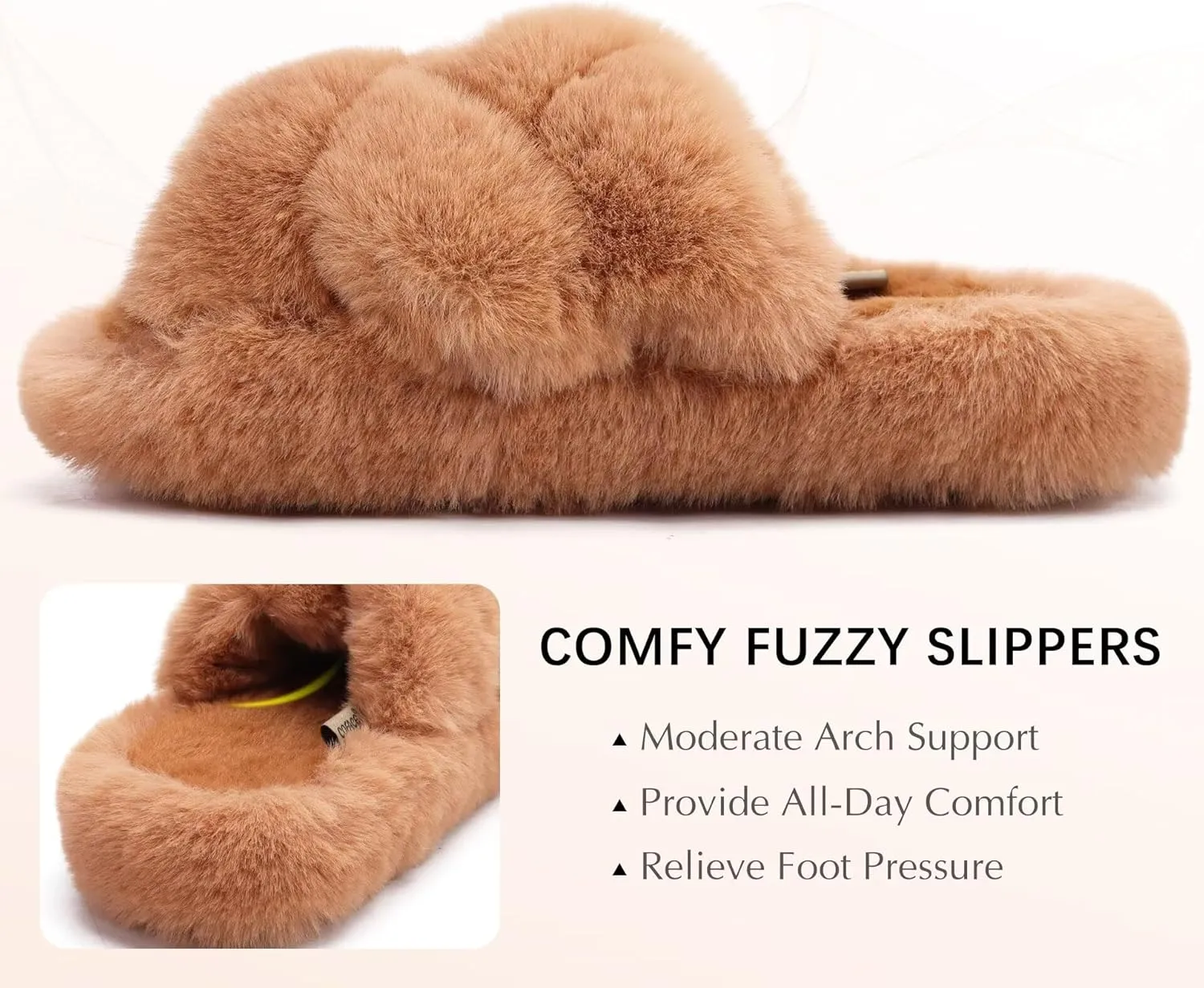 COFACE Women's Fluff Slippers Open Toe Fuzzy Faux Fur Ladies House Fashion Platform Slide Shoes with Comfort Arch Support, Indoor Outdoor Sole
