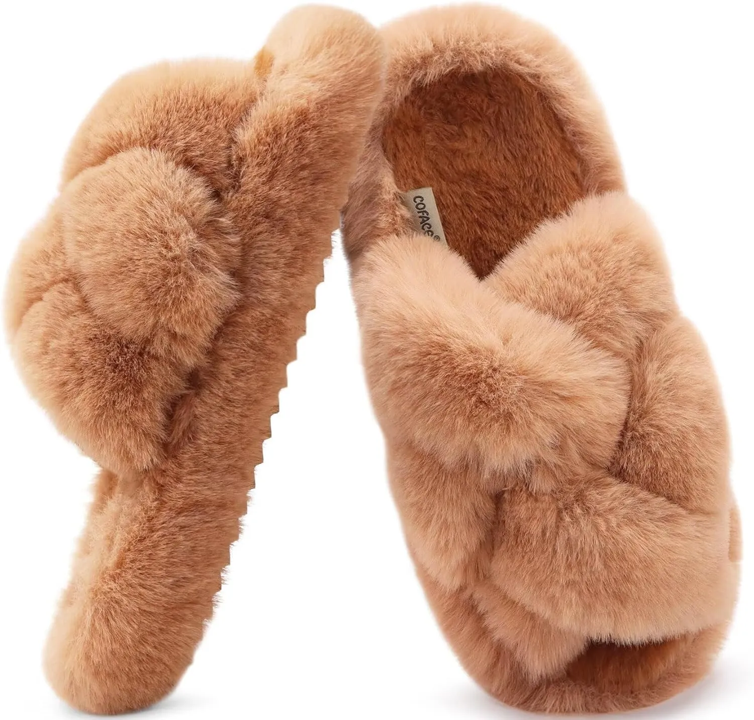 COFACE Women's Fluff Slippers Open Toe Fuzzy Faux Fur Ladies House Fashion Platform Slide Shoes with Comfort Arch Support, Indoor Outdoor Sole