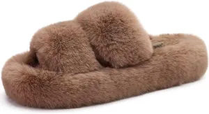 COFACE Womens House Slippers Woman Fuzzy Fluff Indoor Slipper Ladies Furry Fur Bedroom Slip On Slipers Women’s Home Winter Open Toe Plush Shearling Slide Size 5-11