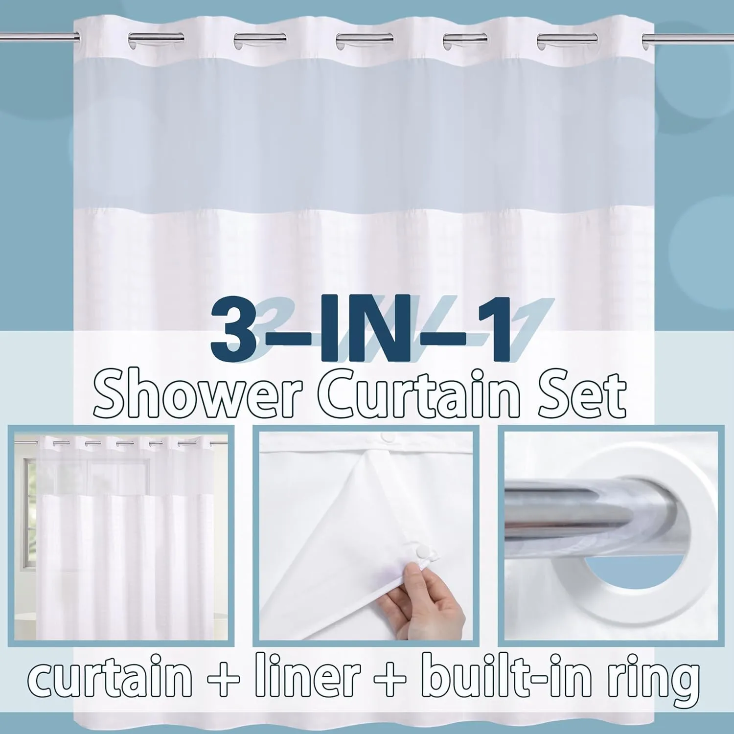 Conbo Mio Hotel Style Fabric Shower Curtain Set with Snap in Liner 108" x 74" for Bathroom with See Through Window, Spa, Machine Washable Shower Curtain (Grid-White,108"(W) x 74"(H))