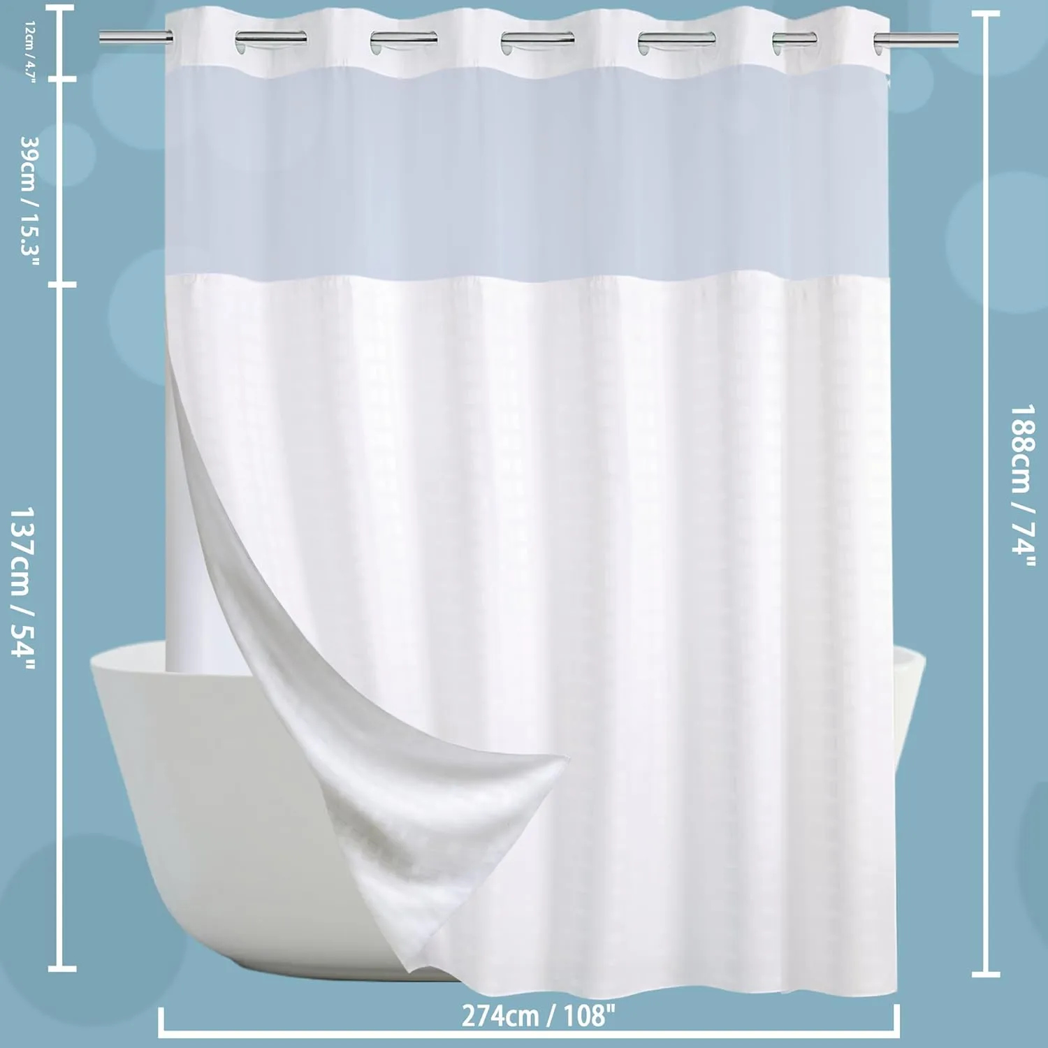 Conbo Mio Hotel Style Fabric Shower Curtain Set with Snap in Liner 108" x 74" for Bathroom with See Through Window, Spa, Machine Washable Shower Curtain (Grid-White,108"(W) x 74"(H))