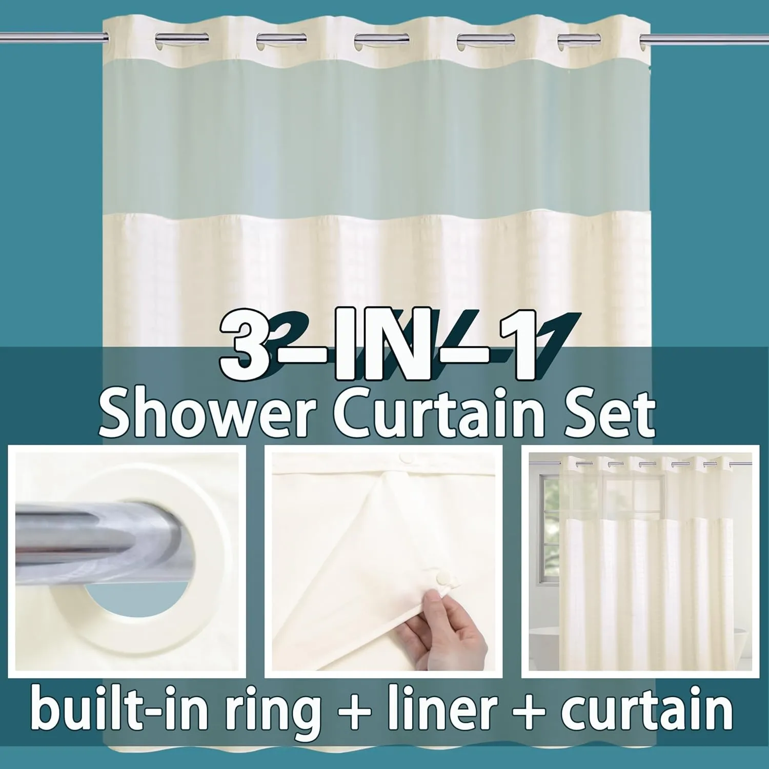 Conbo Mio Hotel Style Fabric Shower Curtain with Snap in Liner 108" x 74" for Bathroom Machine Washable Waterproof Repellent Shower Curtain(Check-Beige,108"(W) x 74"(H))