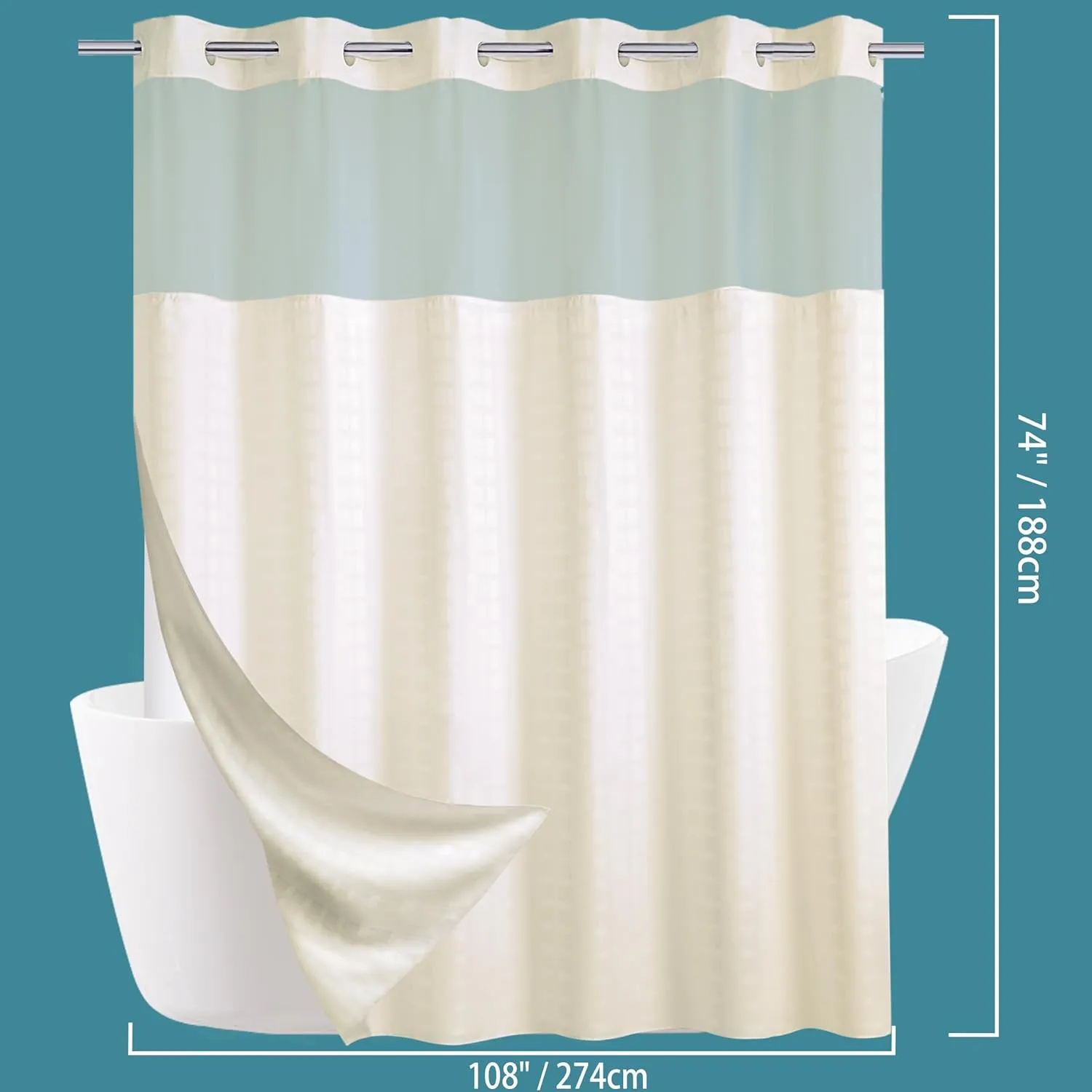 Conbo Mio Hotel Style Fabric Shower Curtain with Snap in Liner 108" x 74" for Bathroom Machine Washable Waterproof Repellent Shower Curtain(Check-Beige,108"(W) x 74"(H))