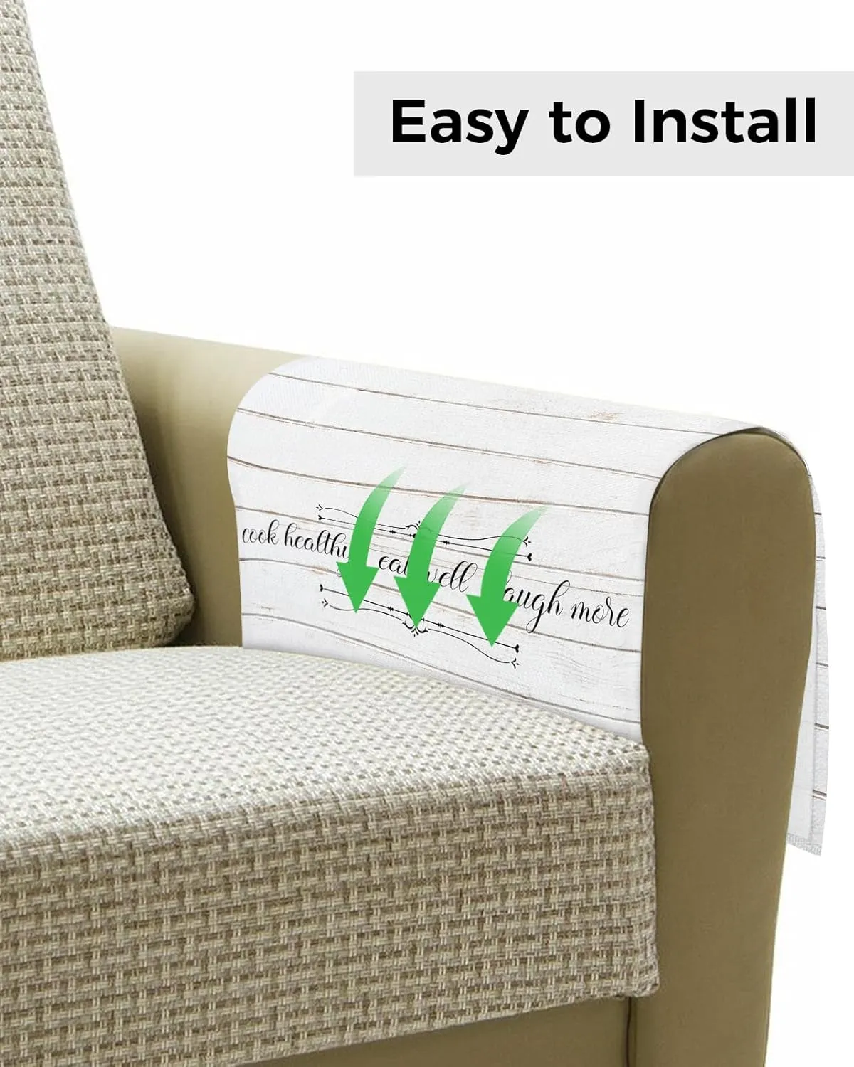 Cook Healthy Eat WEL Laugh More Remote Control Holder for Bed Recliner Sofa Armrest Organizer, Farmhouse White Wood Couch Caddy Bedside Storage with 5 Pockets for Magazine/Phone/Cup 19.7"x35"
