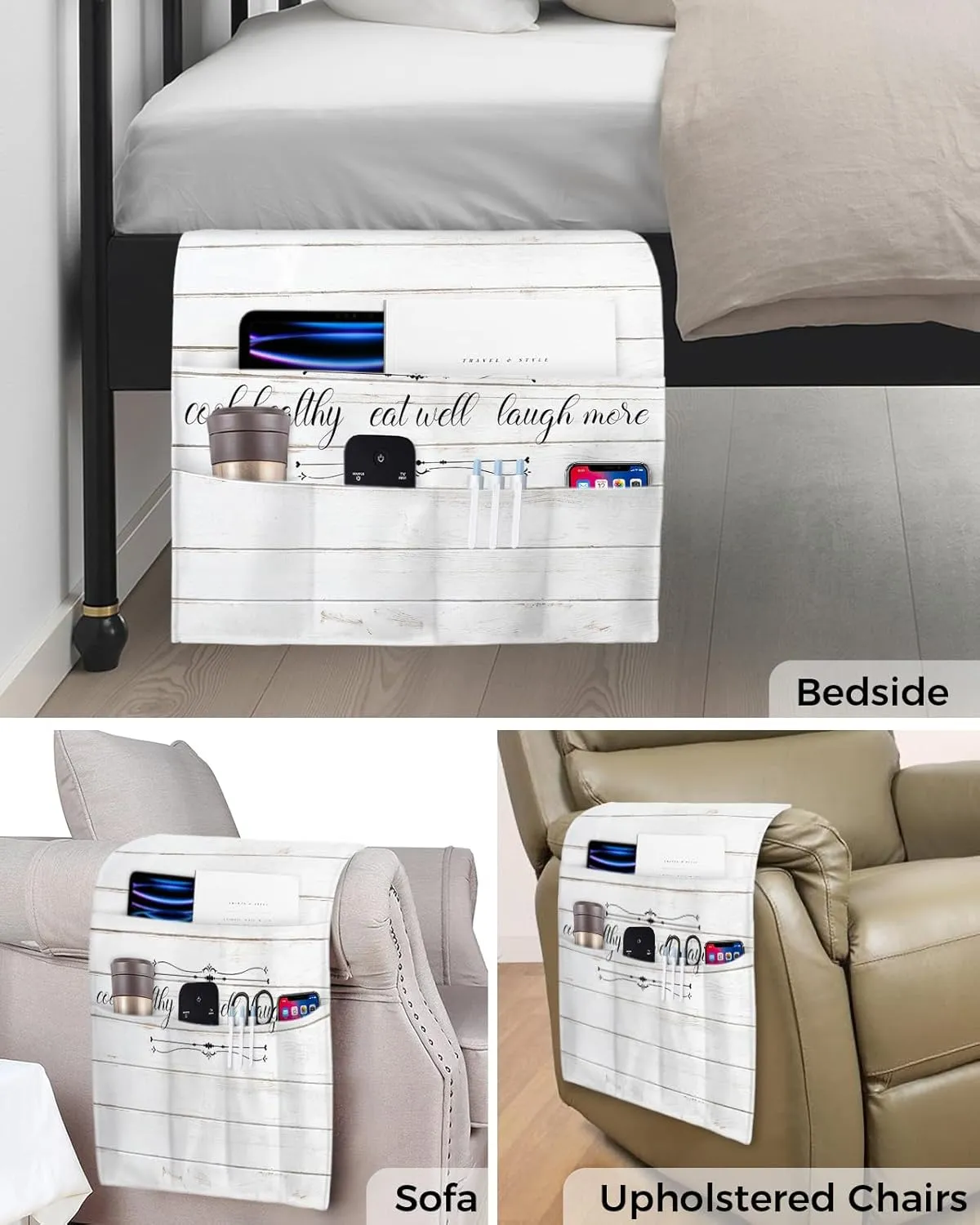 Cook Healthy Eat WEL Laugh More Remote Control Holder for Bed Recliner Sofa Armrest Organizer, Farmhouse White Wood Couch Caddy Bedside Storage with 5 Pockets for Magazine/Phone/Cup 19.7"x35"
