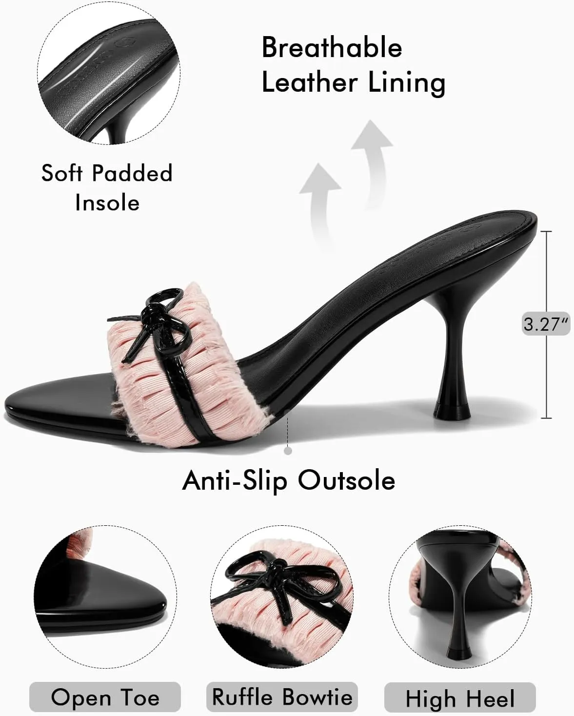 Coutgo Womens High Heels Mules Open Toe Bow Tie Sandals Ruffle Stiletto Slip on Prom Dress Shoes