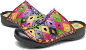 CrazycatZ Womens Leather Clogs Sandals, Colorful Bohemian Mules Sandals