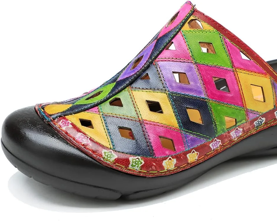CrazycatZ Womens Leather Clogs Sandals, Colorful Bohemian Mules Sandals