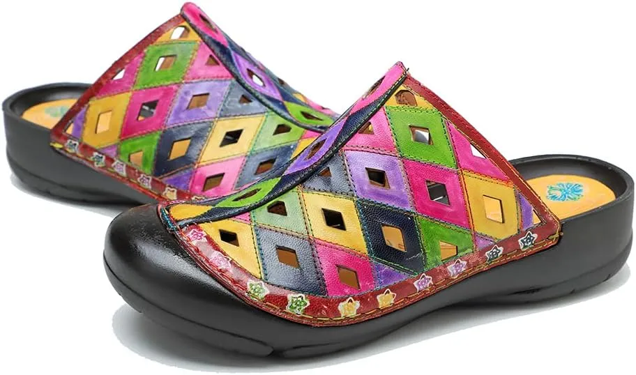 CrazycatZ Womens Leather Clogs Sandals, Colorful Bohemian Mules Sandals