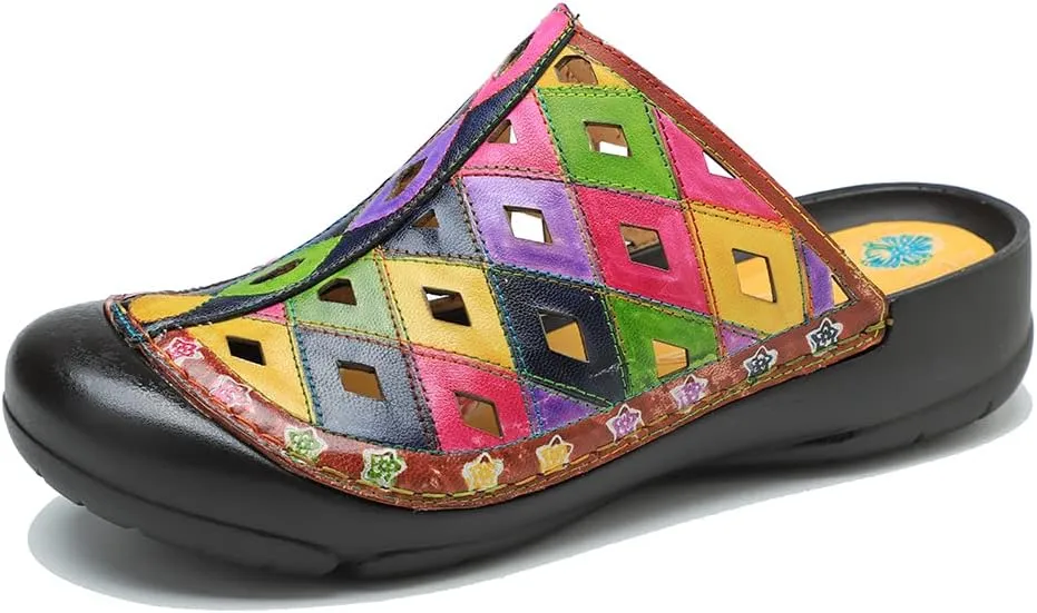 CrazycatZ Womens Leather Clogs Sandals, Colorful Bohemian Mules Sandals