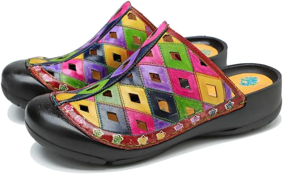 CrazycatZ Womens Leather Clogs Sandals, Colorful Bohemian Mules Sandals