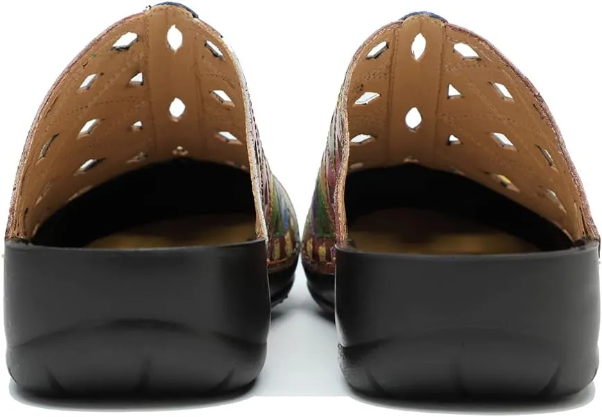 CrazycatZ Womens Leather Clogs Sandals, Colorful Bohemian Mules Sandals