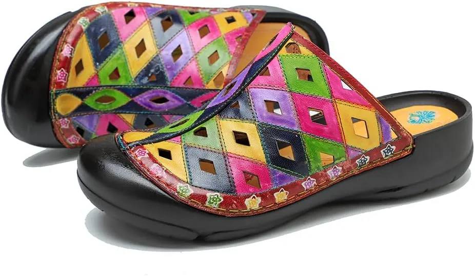 CrazycatZ Womens Leather Clogs Sandals, Colorful Bohemian Mules Sandals