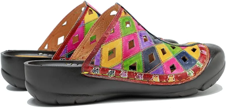 CrazycatZ Womens Leather Clogs Sandals, Colorful Bohemian Mules Sandals