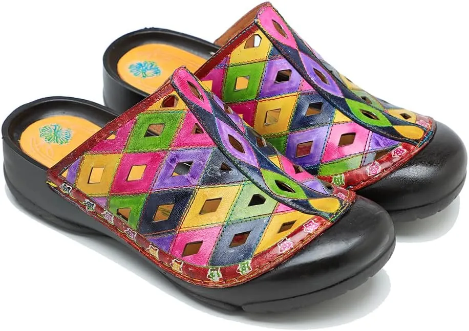 CrazycatZ Womens Leather Clogs Sandals, Colorful Bohemian Mules Sandals