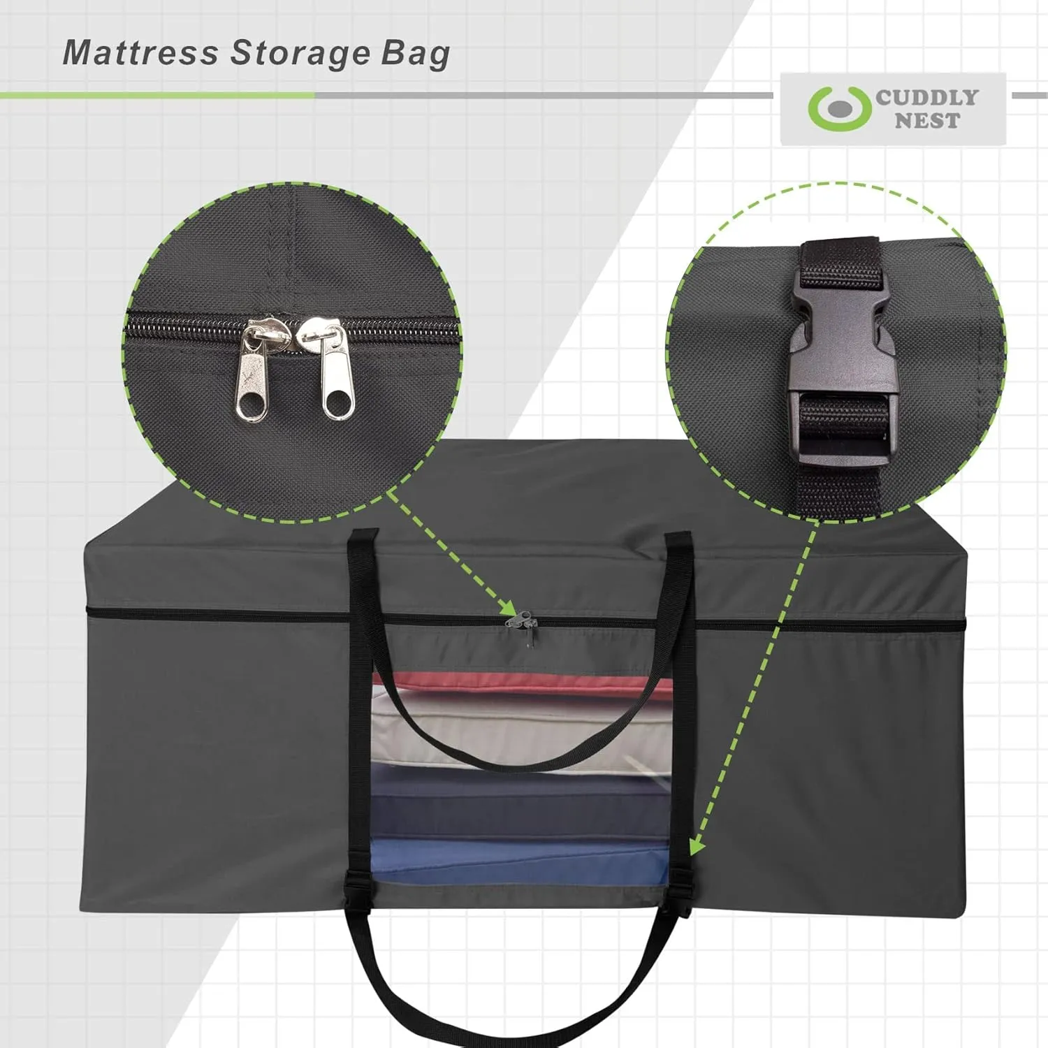 Cuddly Nest Folding Mattress Storage Bag - Heavy Duty Carry Case for Tri-Fold Guest Bed (Fits 6" Queen Mattress,Black)