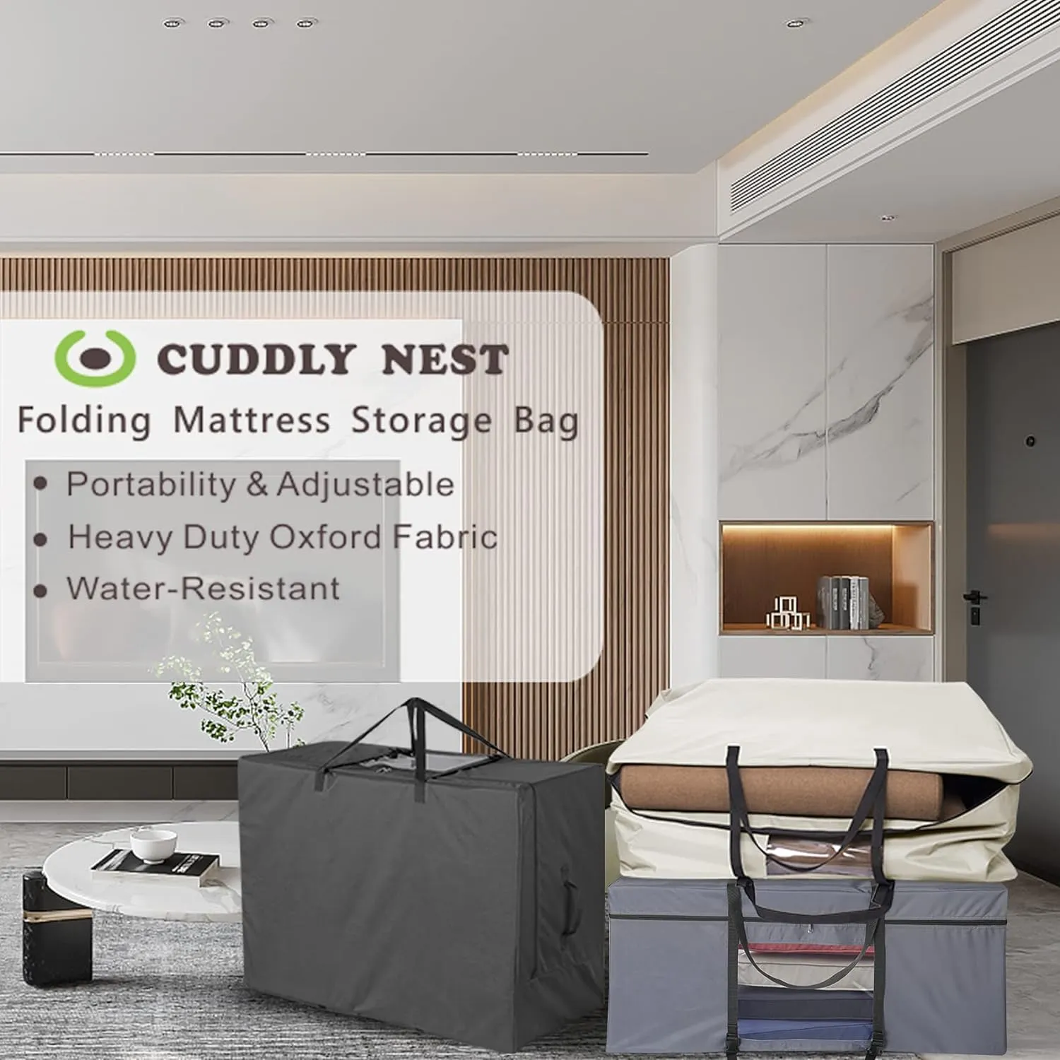 Cuddly Nest Folding Mattress Storage Bag - Heavy Duty Carry Case for Tri-Fold Guest Bed (Fits 6" Queen Mattress,Black)