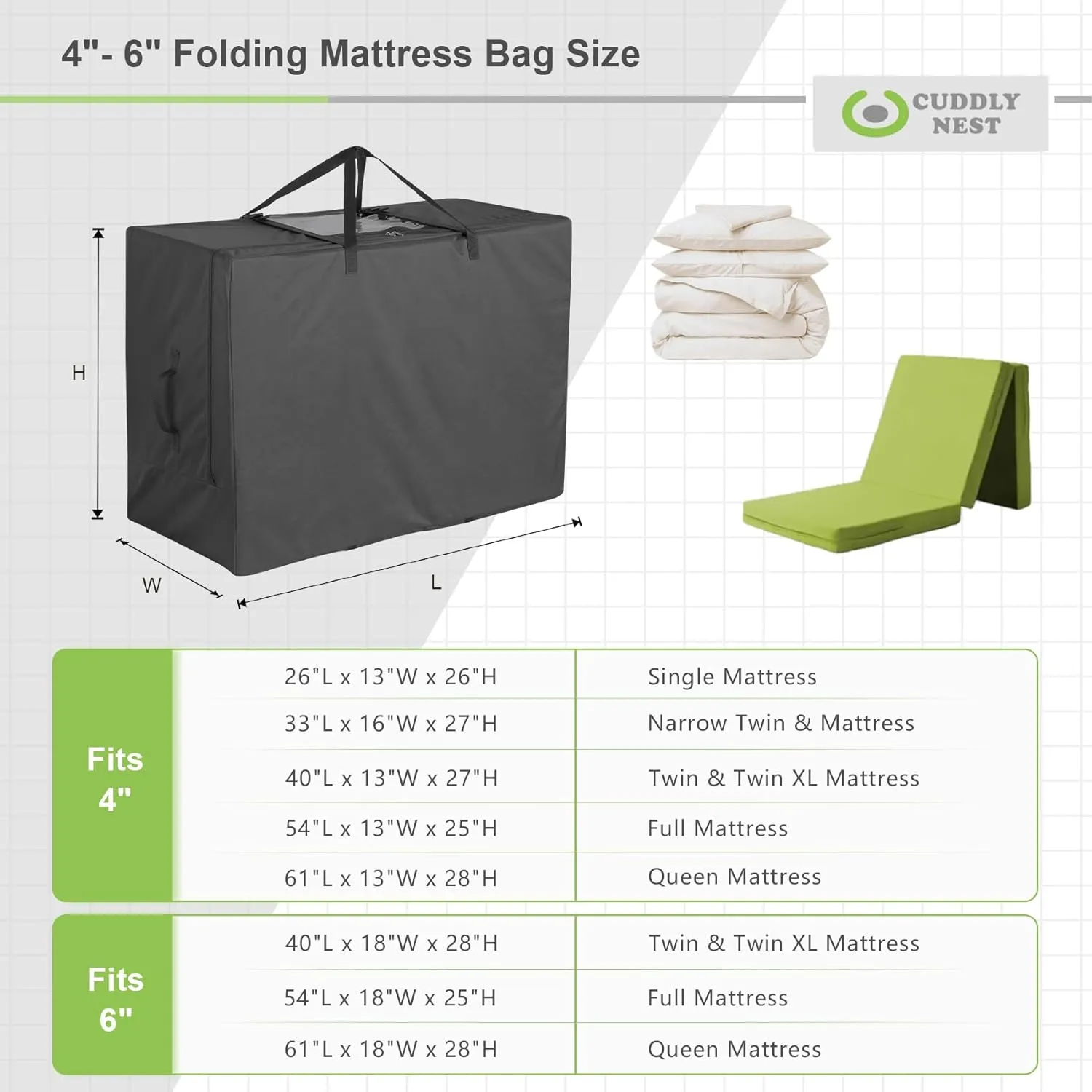 Cuddly Nest Folding Mattress Storage Bag - Heavy Duty Carry Case for Tri-Fold Guest Bed (Fits 6" Queen Mattress,Black)
