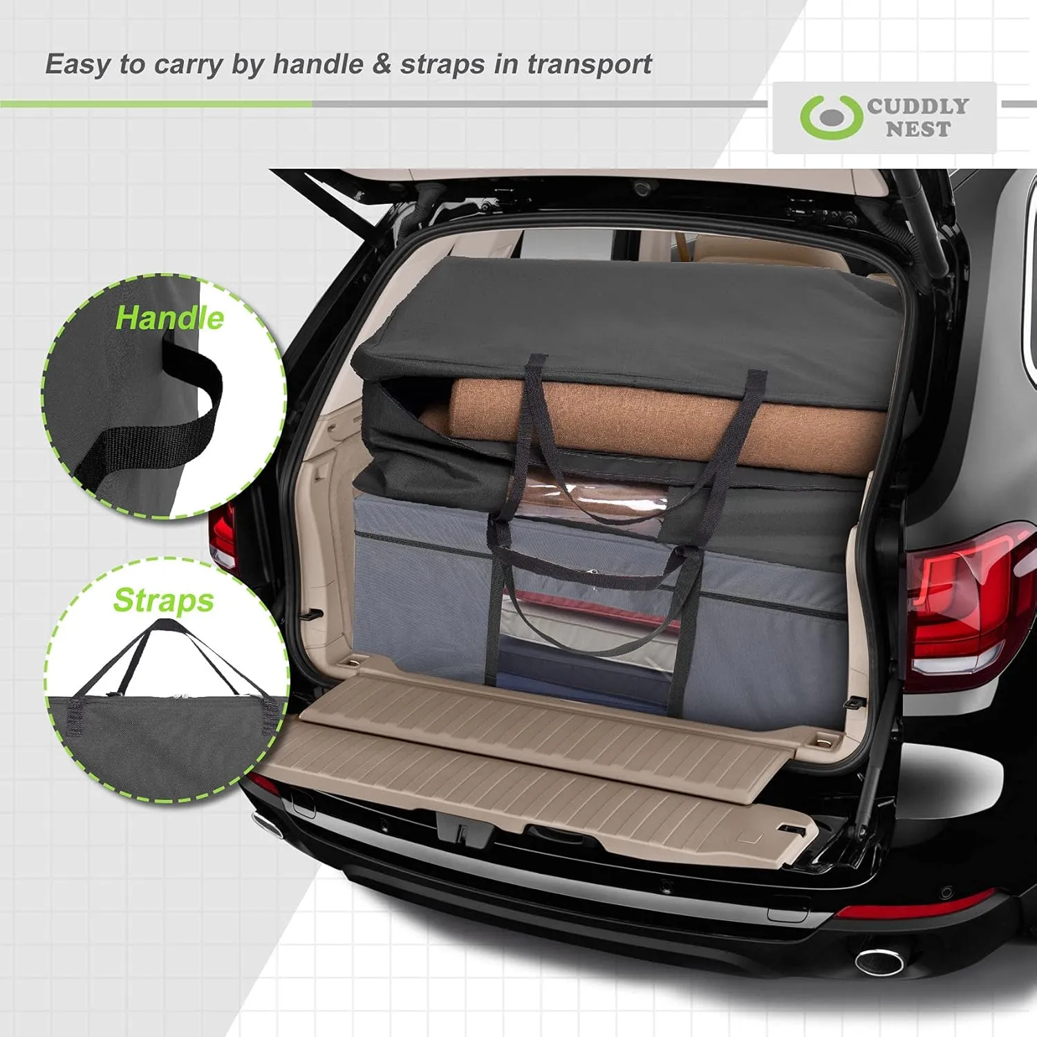 Cuddly Nest Folding Mattress Storage Bag - Heavy Duty Carry Case for Tri-Fold Guest Bed (Fits 6" Queen Mattress,Black)