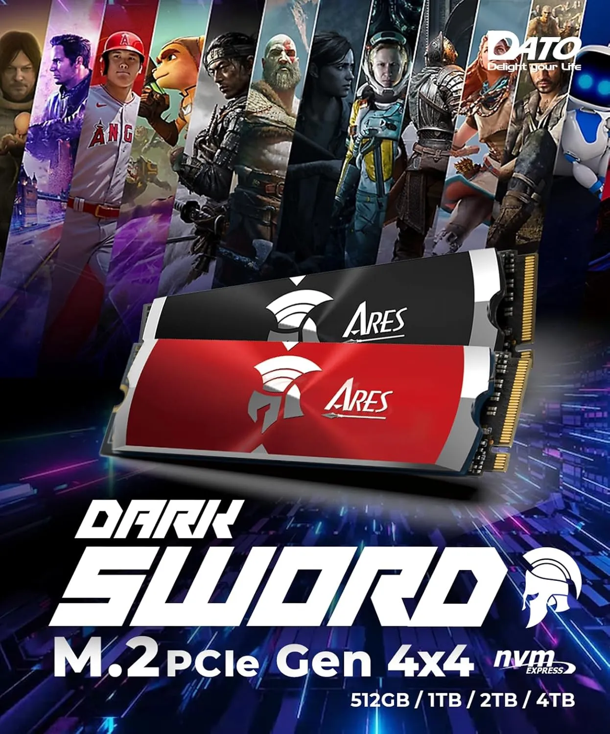 DATO SSD with heatsink 2TB Compatible with PS5 and PC SSD NVMe PCIe Gen4 x4 M.2 2280 Internal Solid State Drive up to 7200/6850 MB/s - ARES Dark Sword Black
